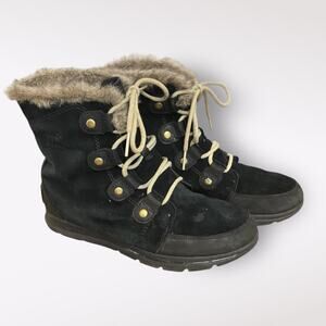 Sorel Women’s Black Suede Lace up Fur trim Explorer Joan Boot Size US 11
